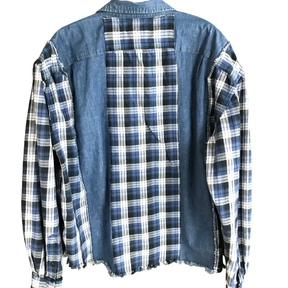 Upcycled Denim Plaid Flannel Jean Jacket, Boho Patchwork Shirt Plus Size XL - 2X - Picture 2 of 9